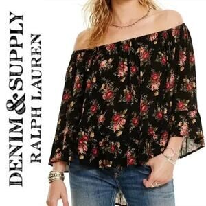 RALPH LAUREN DENIM & SUPPLY Black Red Floral Ruffle Blouse Top – Medium
